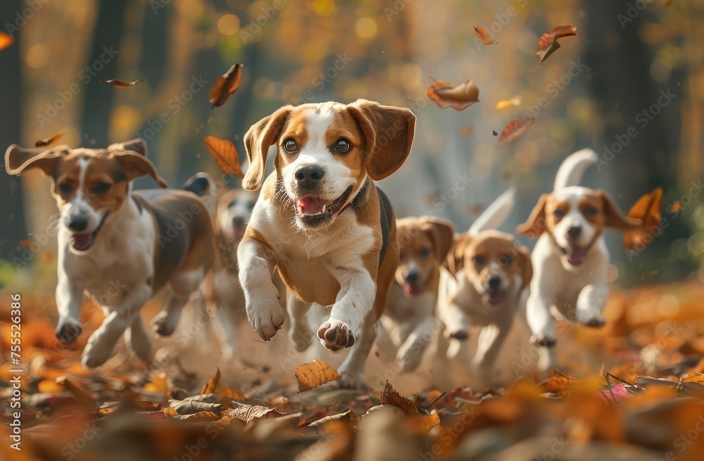 Autumn Frolic: A Pack of Beagles Sprinting Joyfully Through Fallen Leaves - Generative AI Autumn Frolic: A Pack of Beagles Sprinting Joyfully Through Fallen Leaves - Generative AI