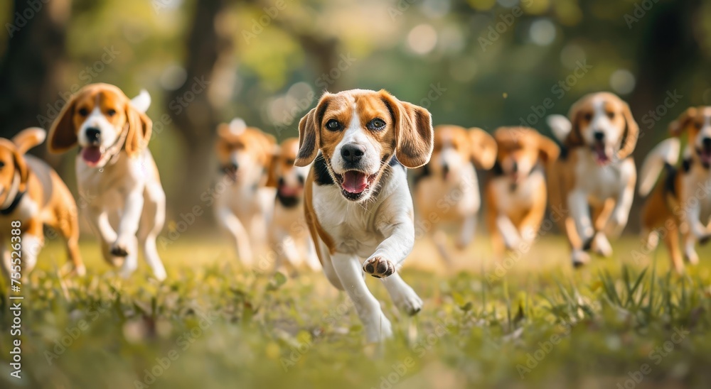 Autumn Frolic: A Pack of Beagles Sprinting Joyfully Through Fallen Leaves - Generative AI Autumn Frolic: A Pack of Beagles Sprinting Joyfully Through Fallen Leaves - Generative AI