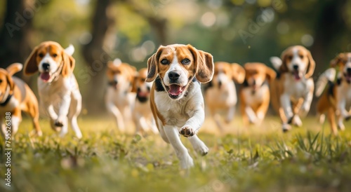 Autumn Frolic: A Pack of Beagles Sprinting Joyfully Through Fallen Leaves - Generative AI