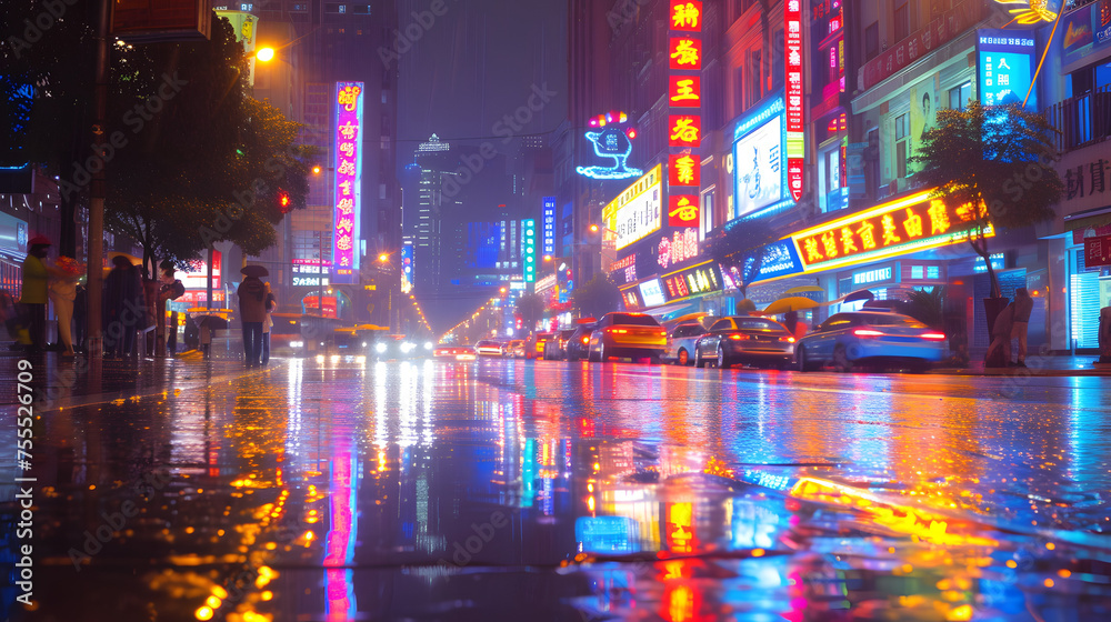 Glowing neon signs reflecting in rain-slicked streets background