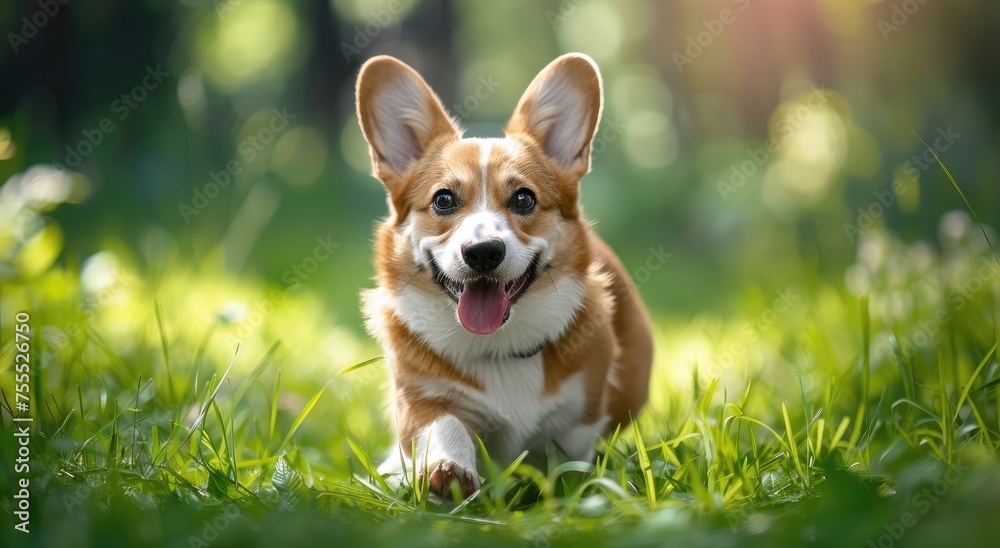 Joyful Sprint - A Delighted Corgi Puppy's Dash Through Sunlit Grass Generative AI