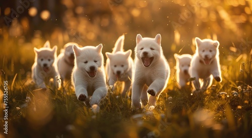 Exuberant Siberian Husky Puppies Romping in Sunset's Glow - Generative AI photo