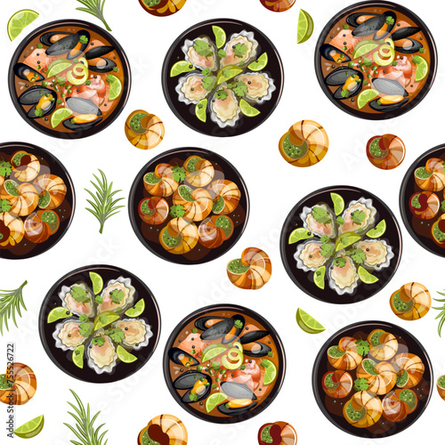 Seamless pattern of French cuisine seafood dishes on a transparent background