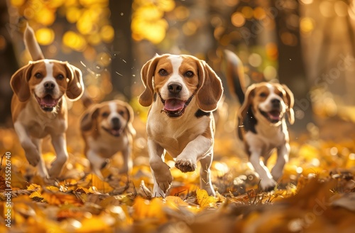 Joyous Pack of Beagle Buddies Reveling in Autumn's Embrace Generative AI