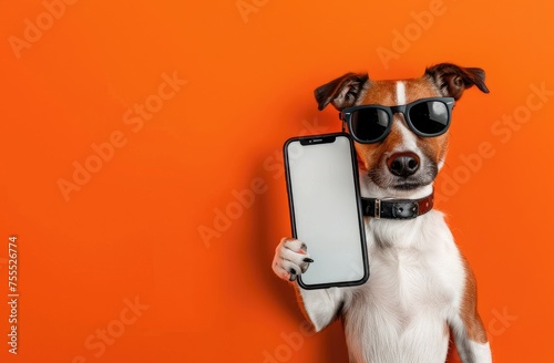 Trendsetting Pooch with Sunglasses Holding Smartphone - Generative AI © Gelpi