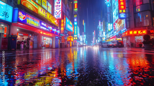 Glowing neon signs reflecting in rain-slicked streets background