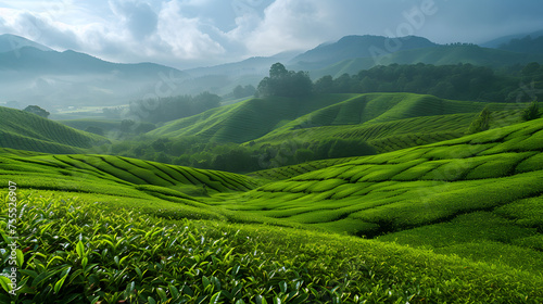 Rolling hills of tea plantations with neatly trimmed bushes background photo