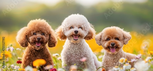 Three Smiling Poodles Enjoying a Blissful Day Amongst Sunny Blooms - Generative AI