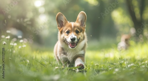 Delightful Corgi Puppy Frolicking in Lush Grass on a Sunny Day - Generative AI
