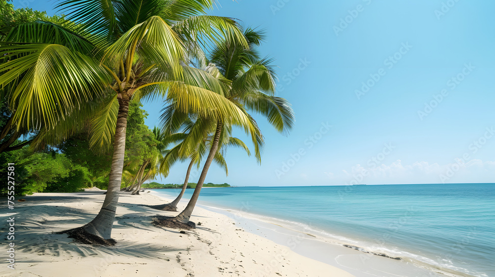 Obraz premium Palm trees lining a sandy beach under a clear sky background