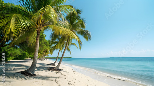 Palm trees lining a sandy beach under a clear sky background