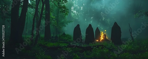 Dark and Gloomy Forest Witchcraft Ritual. Concept Dark Forest, Witchcraft, Ritual, Spooky Atmosphere, Enigmatic Setting photo