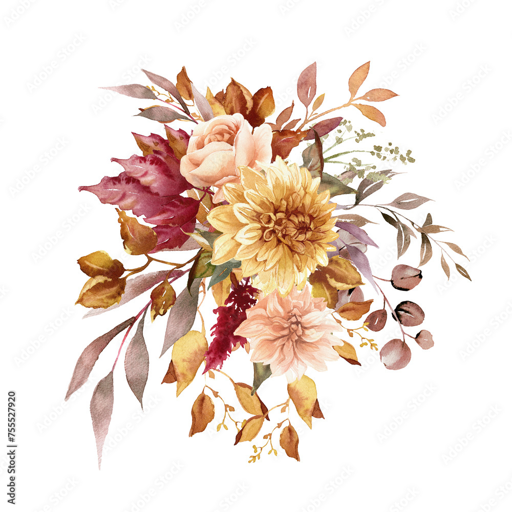 Floral bouquet with dahlia, rose and fall eucalyptus leaves. Watercolor flower for wedding Floral bouquet with dahlia, rose and fall eucalyptus leaves. Watercolor flower for wedding