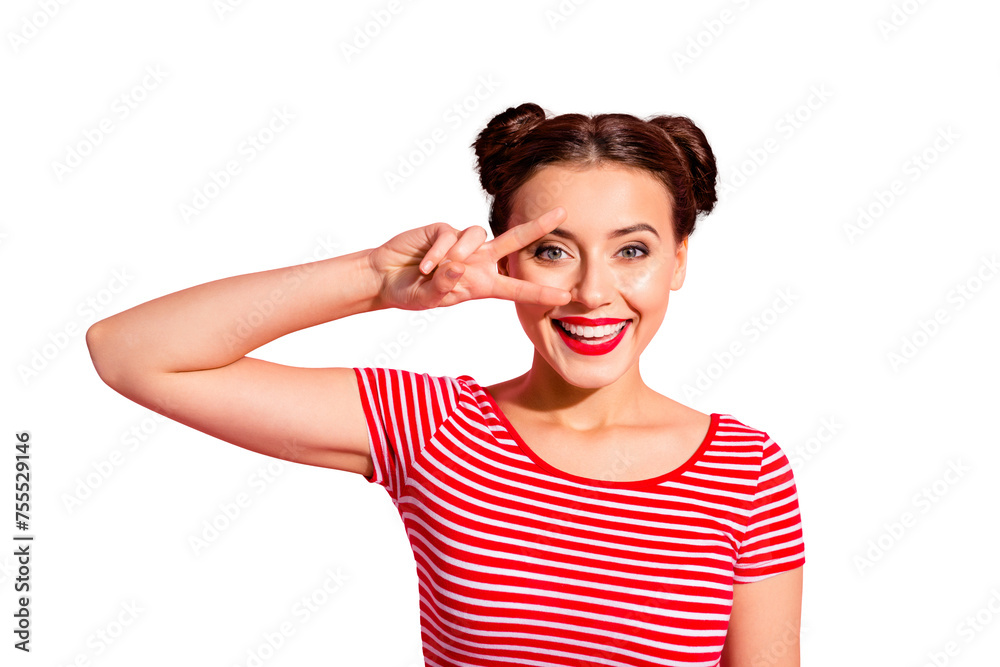 Close-up portrait of her she nice-looking cute charming sweet attractive lovely cheerful cheery optimistic teen girl showing v-sign near eye isolated over pink pastel background Close-up portrait of her she nice-looking cute charming sweet attractive lovely cheerful cheery optimistic teen girl showing v-sign near eye isolated over pink pastel background