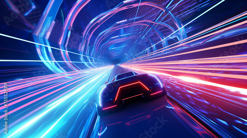 A futuristic vehicle racing through a neon tunnel interior