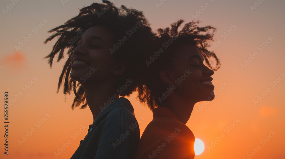 Joyful friends at sunset, warm tones, the concept of friendship and freedom