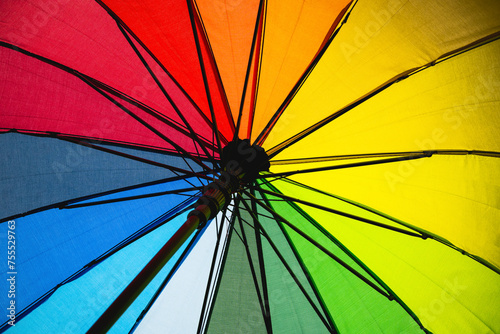 A rainbow umbrella with a black handle