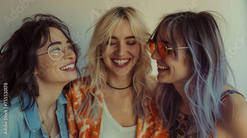 Three stylish girlfriends sharing laughter and joy on a warm vintage background