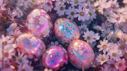 A collection of shiny, iridescent Easter eggs with holographic design nestled among delicate spring blossoms, set against a soft pastel background, evoke the freshness of the spring season.