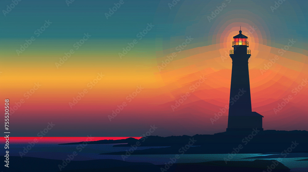 The silhouette of a lighthouse against the backdrop of a colorful sunrise