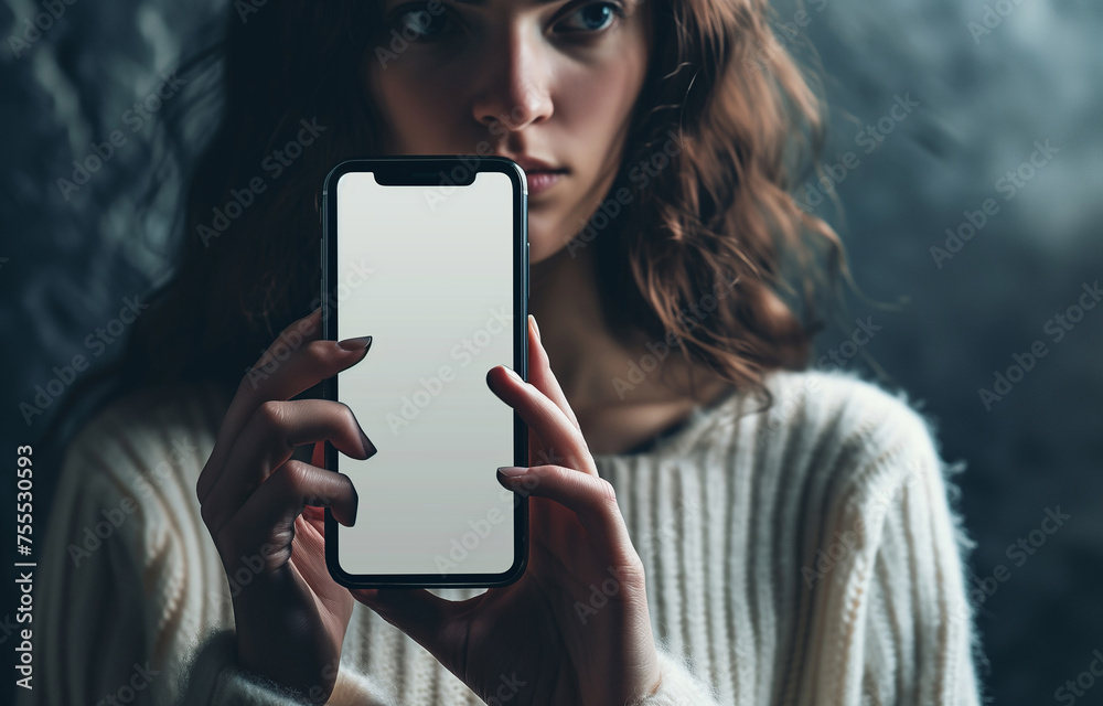 A young dark-haired woman is holding a smartphone with an empty screen. A mockup, a phone, a smartphone. Close-up portrait, bokeh effect in the background. - obrazy, fototapety, plakaty 
