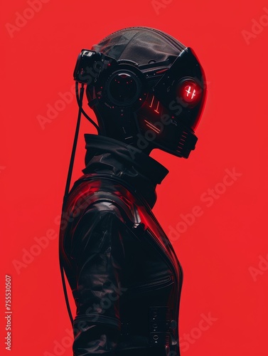 Black Robotic Suit with Red Illuminated Helmet