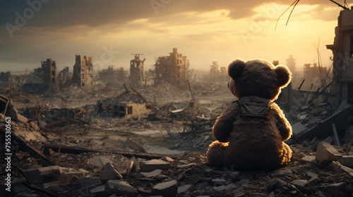 A lonely little bear sitting on a destroyed city