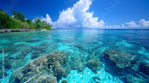 Crystal-clea rwater with vibrant coral reefs background