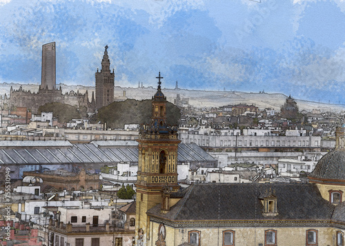 watercolor of skyline of Seville, andalusia