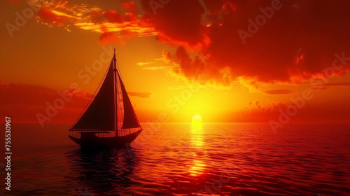 The silhouette of a lone boat against the backdrop of a fiery sunrise