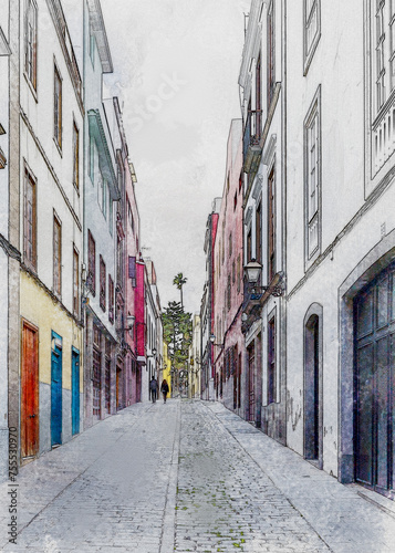 Fototapeta Naklejka Na Ścianę i Meble -  watercolor of vegueta neighborhood in las palmas city