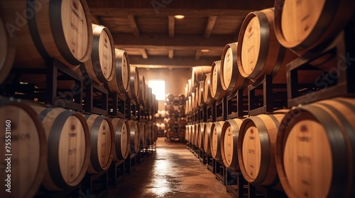 Room filled with wooden barrels with wine