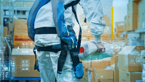 Φωτογραφία Workers using power assist suits and technology concept