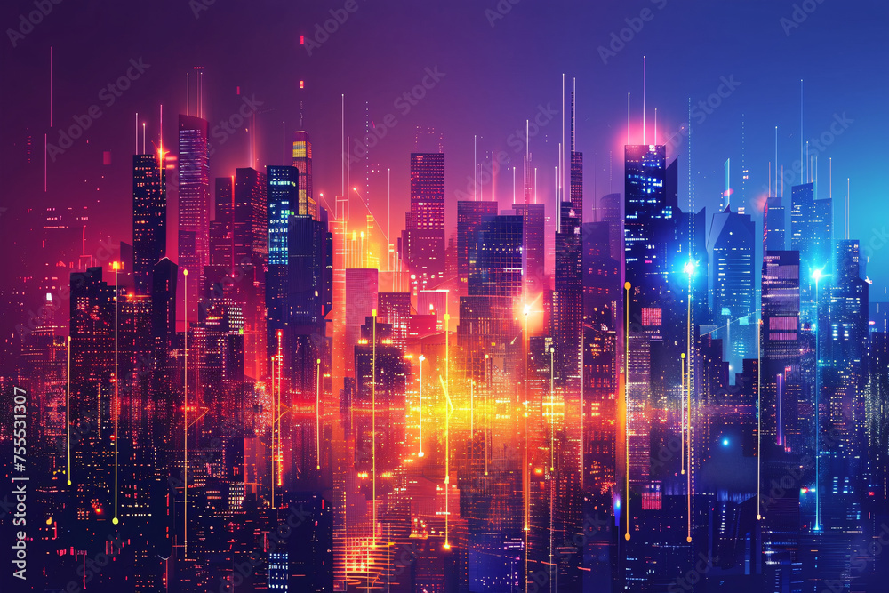 Futuristic cityscape with glowing neon lights and digital effects