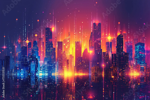 Glowing neon cityscape with digital rain and futuristic skyline
