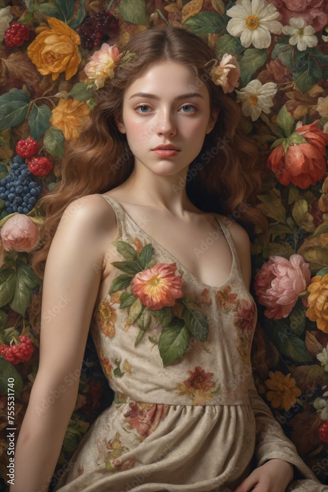 Photorealistic portrait of a young woman emerging from a floral tapestry