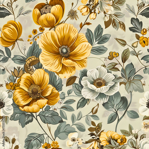 Vintage Blooms Retro Pattern: Captivating Floral Garden Design, Seamless Spring Flowers, Created using generative AI