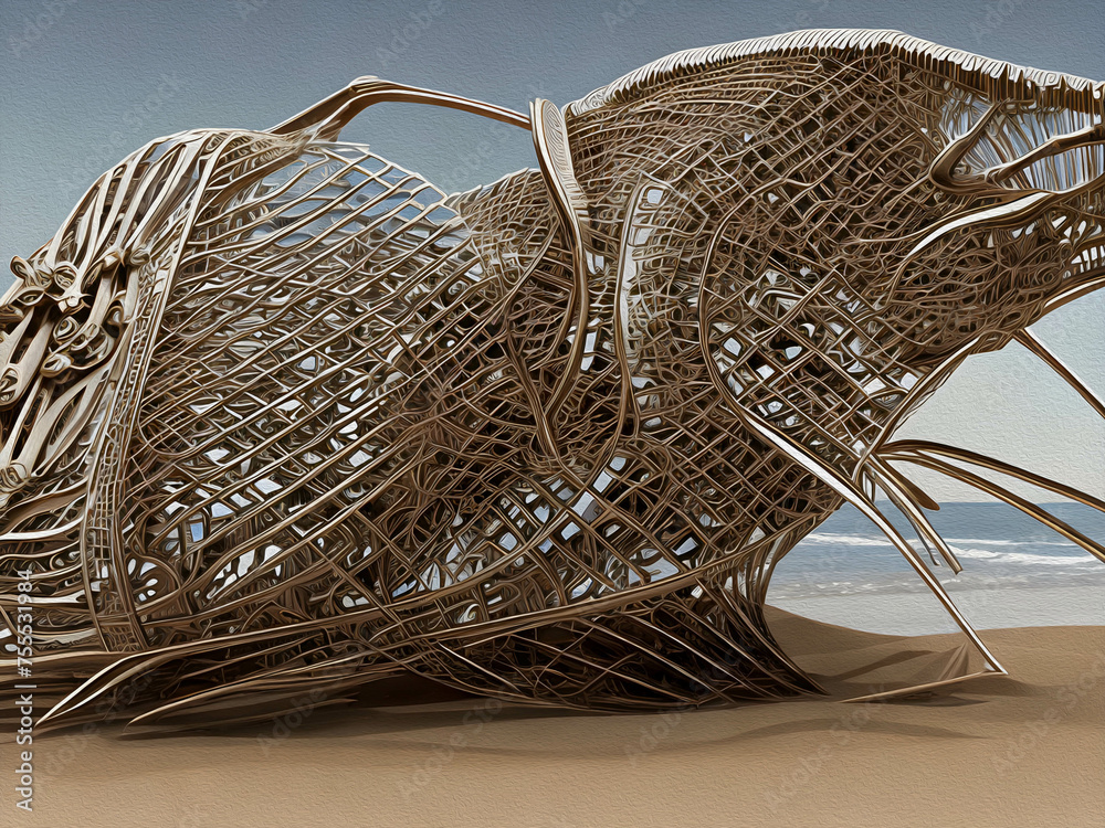 Kinetic sculpture propelled by wind on beach, Oil Painting