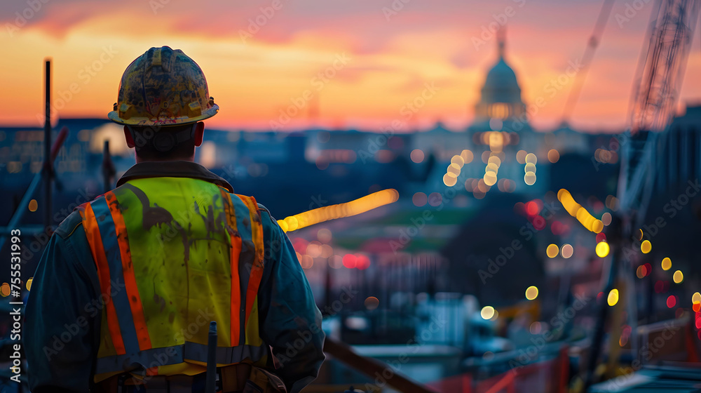 Construction Worker Overlooking Cityscape at Sunset Construction Worker Overlooking Cityscape at Sunset