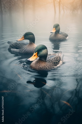 Ducks swimming in a lake on a fogged overcast day 