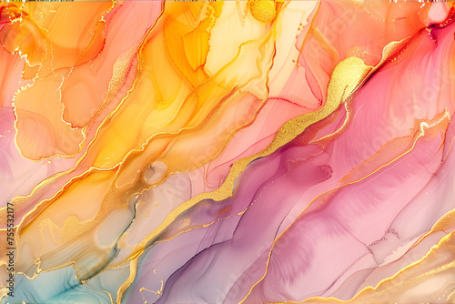 Watercolor ink alcoho golden fluid l texture abstract  horizontal background photo