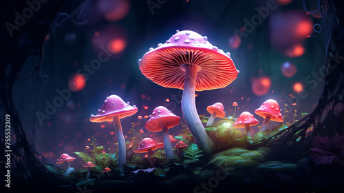 beautiful detail of forest mushrooms in the grass growing in the autumn forest