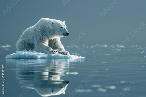 polar bear sitting on small ice floe in the Arctic Ocean, climate change