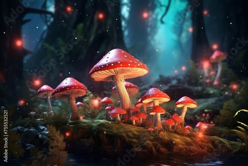 beautiful detail of forest mushrooms in the grass growing in the autumn forest