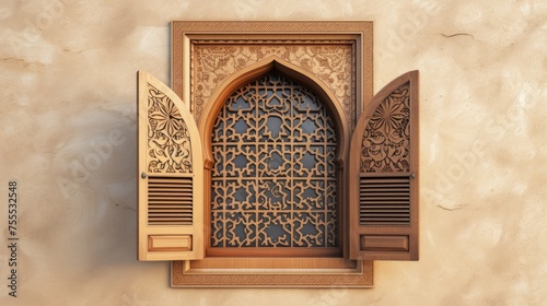 Details of Arabic architecture. Serene 3D scene of an open window with intricate Arabic patterns on beige wall casting warm sunlight. Arab-style open window with sutters