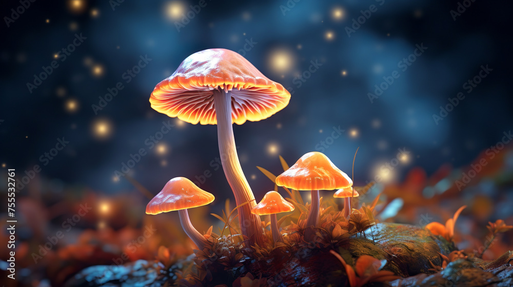 beautiful detail of forest mushrooms in the grass growing in the autumn forest - obrazy, fototapety, plakaty 