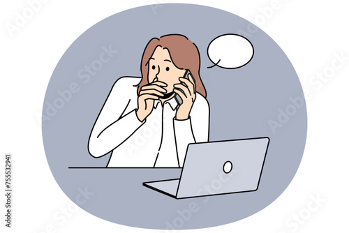 Female employee sit at desk work on laptop leak company information to rival. Businesswoman share confidential data to competitor on phone. Vector illustration.