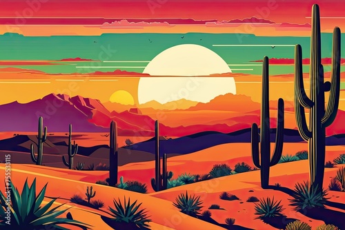  Vibrant Cartoon Desert Sunset with Cacti and Hills