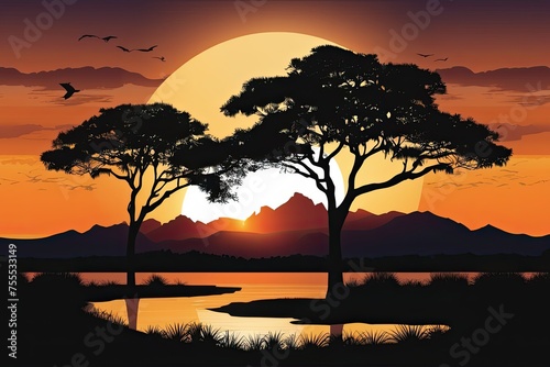 African Savannah Sunset with Silhouetted Acacia Trees