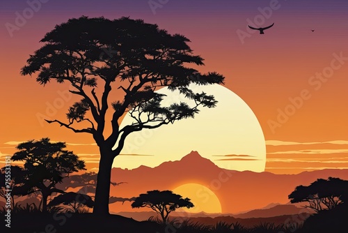 African Savannah Sunset with Silhouetted Acacia Trees